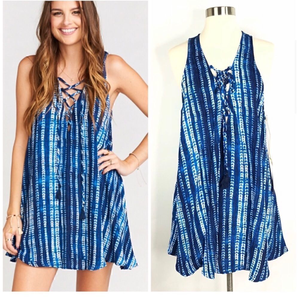 Show Me Your MUMU Lace Up Dress Tie Dye Blue White Beach Boho Rancho Mirage